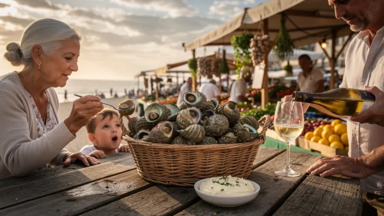 Bulots de Granville frais et cuits sur table en bois au marché pour apéro de famille convivial