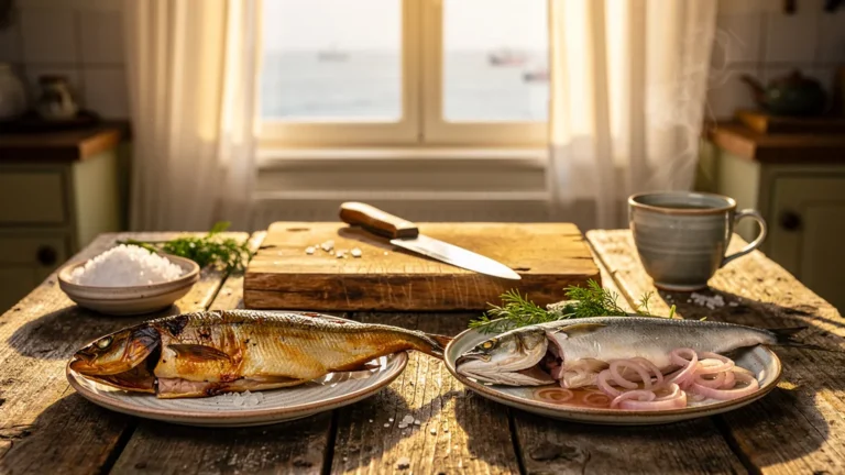 Photo ultra-réaliste de harengs de Dieppe fumé et mariné sur table rustique pour débutants