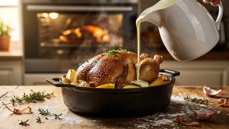 Poulet Vallée d'Auge en cocotte avec crème, cuisson maîtrisée entre feu et four, plat traditionnel français