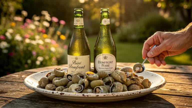 Comparaison hyper-réaliste de deux poirés de Domfront avec un plateau de bulots sur table en bois rustique