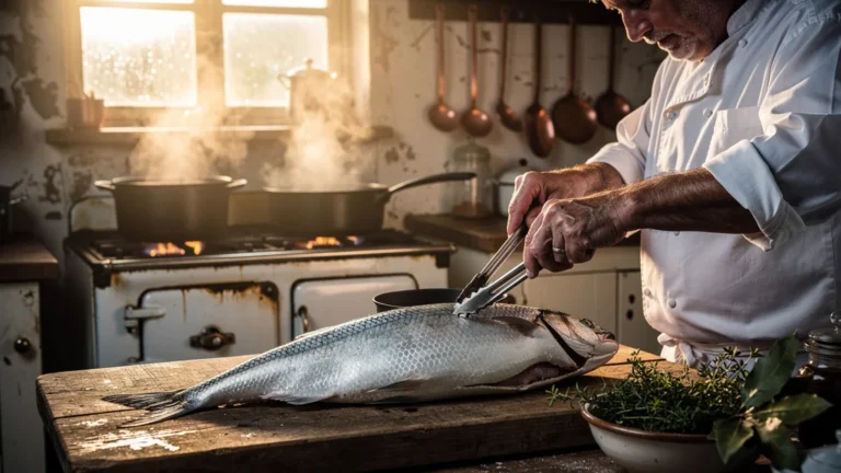 Pocher un hareng de Dieppe sur deux feux en cuisine rustique avec détails hyper-réalistes et lumière chaude
