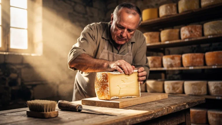 Artisan affinant un pavé d'Auge jeune pendant trois semaines dans une cave rustique traditionnelle