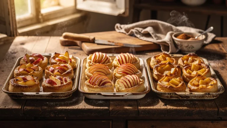 Douillons maison avec trois types de pommes à couteau tranchées différentes sur une même fournée