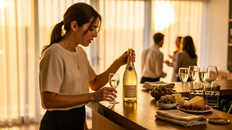 Femme déçue tenant une bouteille de poiré tournée à 15€ avant un apéro élégant