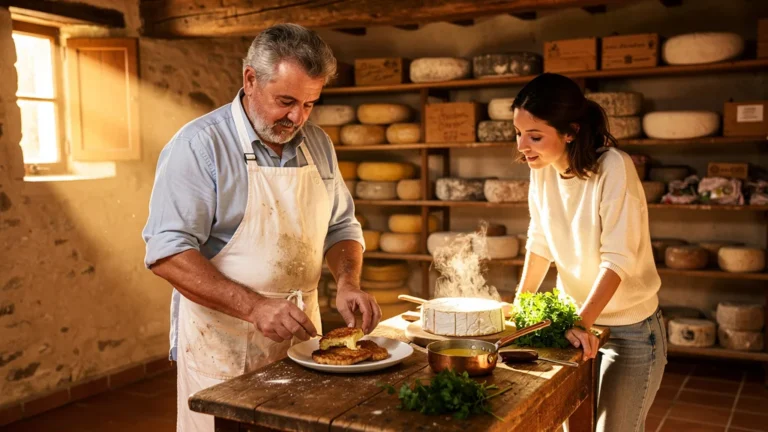 Fromager de Vimoutiers corrige une escalope normande dans sa fromagerie authentique en Normandie