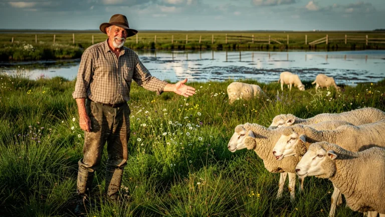Éleveur du Cotentin dans un pré-salé verdoyant avec ses moutons sous une lumière matinale réaliste