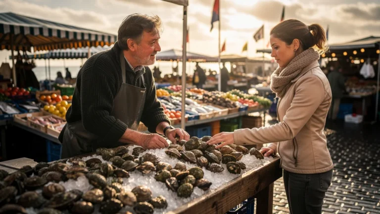 Le marché de Granville avec un étal de bulots frais et un client choisissant attentivement les coquillages