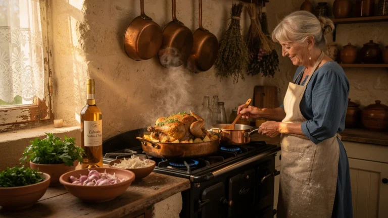 Photo hyper-réaliste d’un poulet Vallée d’Auge sans crème dans une cuisine française rustique