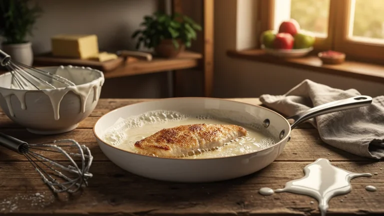 Escalope normande avec crème tranchée en cuisine lors d’un accident de cuisson