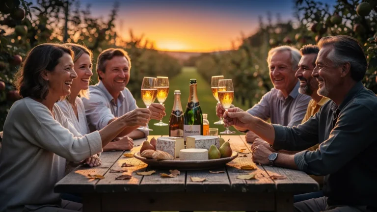 Poiré de Domfront servi à l'apéro sur une table en bois dans un jardin ensoleillé, ambiance conviviale et champêtre