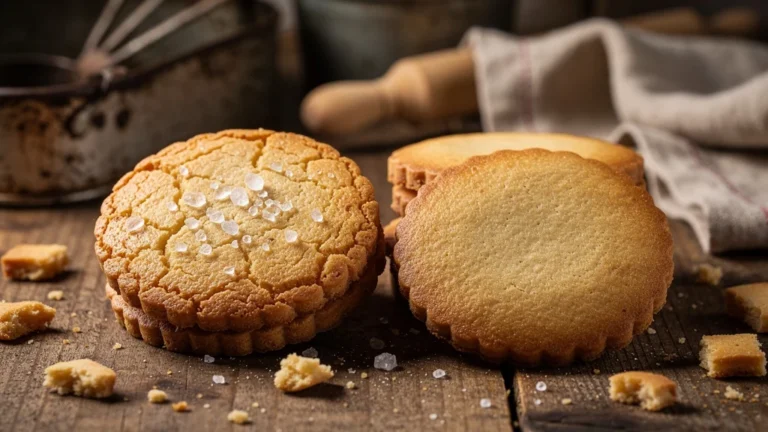 Photo réaliste de deux fournées de sablés de Caen, avec et sans fleur de sel, sur table rustique
