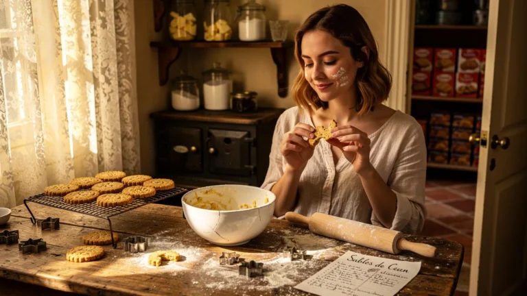 Sablés de Caen maison dorés sur un comptoir rustique, illustrant l'effort et l'authenticité en pâtisserie