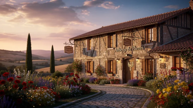 Façade en pierre chaleureuse de l'auberge du Phenix au coucher de soleil dans la campagne française