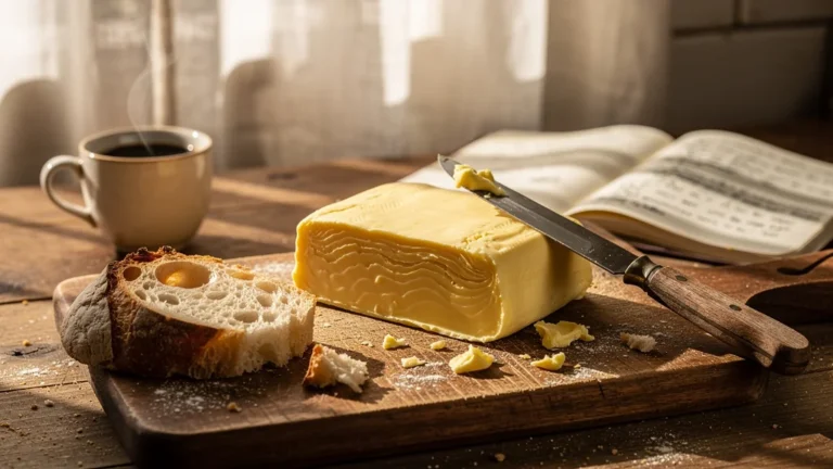 Beurre AOP artisanal posé sur planche en bois dans cuisine rustique, lumière naturelle et pain croustillant