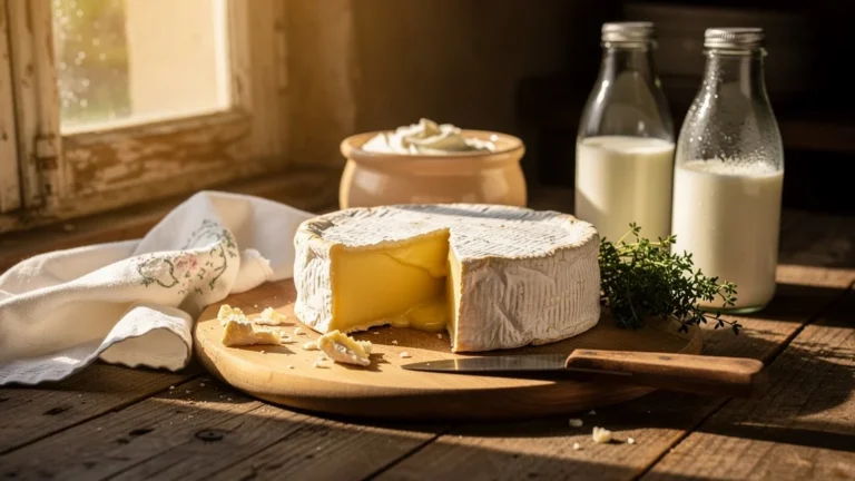 Camembert origine traditionnel posé sur table en bois dans cuisine rustique normande lumineuse