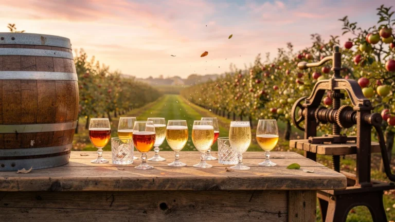 Table en bois avec cidre, calvados, pressoir à pommes et vergers en automne, ambiance rustique normande