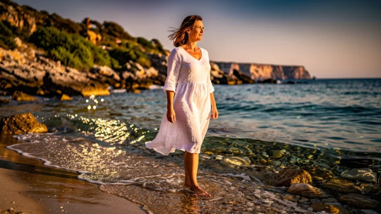 Femme pieds dans l'eau au coucher de soleil sur une côte naturelle paisible, ambiance détente et réflexion