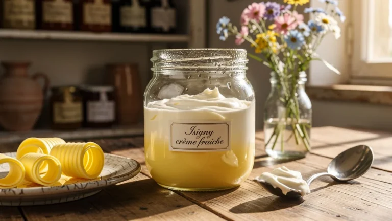 Pot de crème Isigny fraîche et onctueuse en gros plan sur un comptoir de cuisine rustique éclairé naturellement