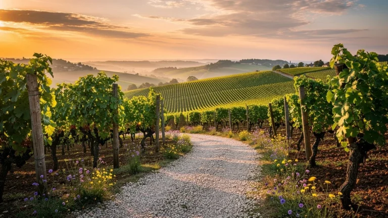 Vue panoramique ultra-réaliste du domaine de Biar avec vignobles et lumière dorée au crépuscule