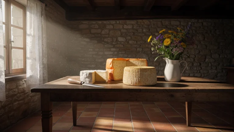 Cuisine rustique normande avec fromages de Normandie authentiques en mise en scène naturelle et chaleureuse