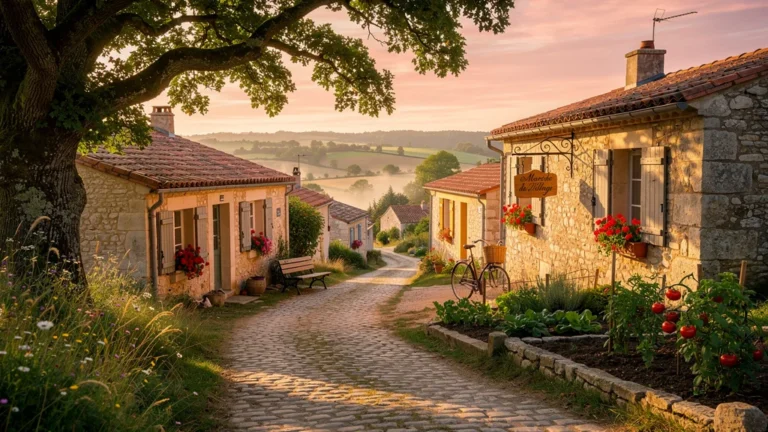 Village authentique et chaleureux de la tribu yonnaise au coucher du soleil, ambiance rurale et conviviale