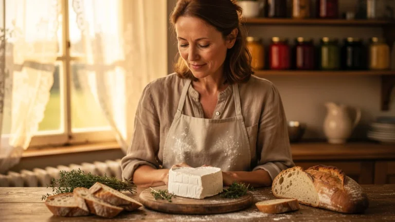 Neufchâtel en cœur sur planche en bois dans cuisine rustique éclairée par lumière douce