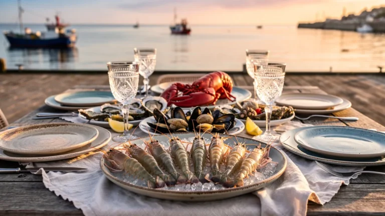 Table rustique avec demoiselles de Cherbourg fraîches en gros plan pour un repas de fête local