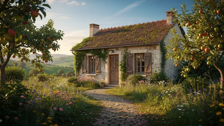 Maison mulot rustique au milieu d’un jardin sauvage baigné de lumière naturelle douce