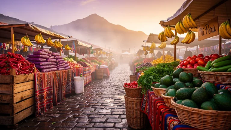 Marché péruvien vibrant au lever du soleil, illustrant la richesse de Mi Peru en produits locaux