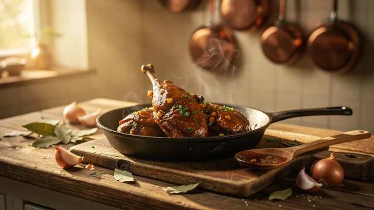Lapin à la Havraise en sauce bien liée dans une poêle, lumière naturelle en cuisine rustique