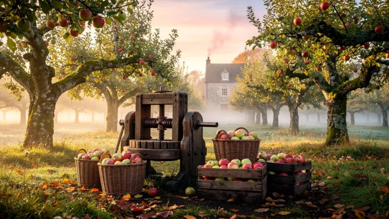 Orchard authentique à l’aube avec presse à cidre traditionnelle et pommes mûres, origine du cidre