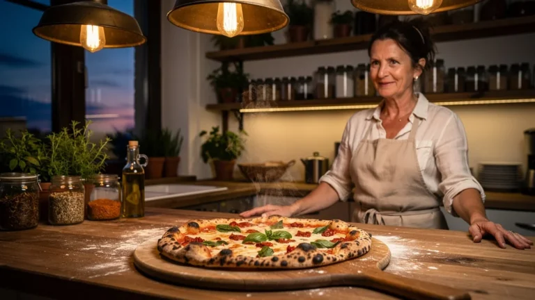Cuisine chaleureuse avec pizzola fraîchement cuite, ambiance intime et lumière douce en cuisine rustique moderne