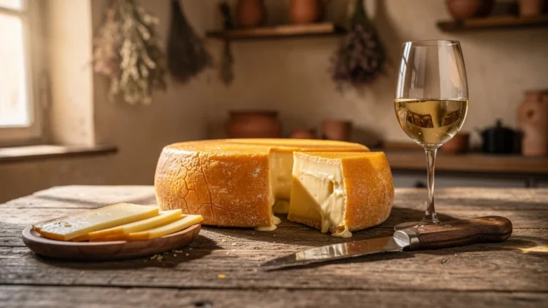 Photographie réaliste d’un fromage Pont l’évêque artisanal sur table rustique en lumière naturelle