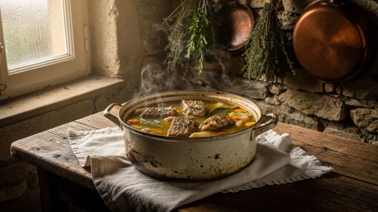 Photo ultra-réaliste d’une casserole de recettes tripes à la mode de Caen dans une cuisine rustique française
