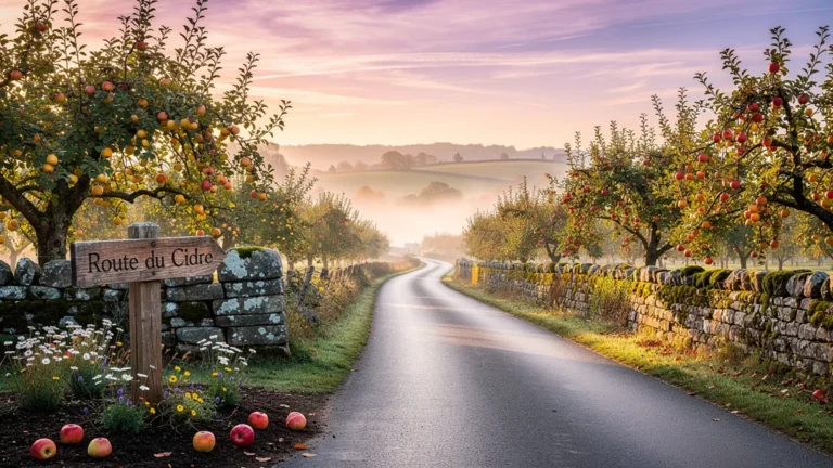 Paysage matinal hyper-réaliste de la route du cidre avec vergers et panneau en bois rustique