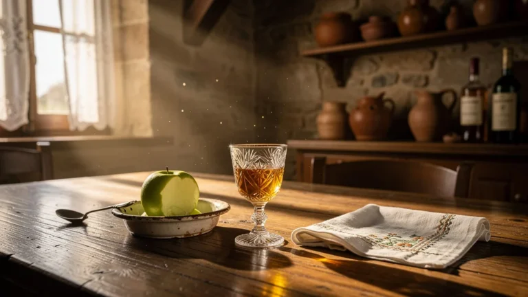 Table normande rustique avec un verre de calvados et sorbet, symbole d’un rituel culinaire dépassé