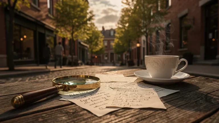 Scène hyperréaliste à Verdun avec loupe vintage et notes culinaires au coucher du soleil